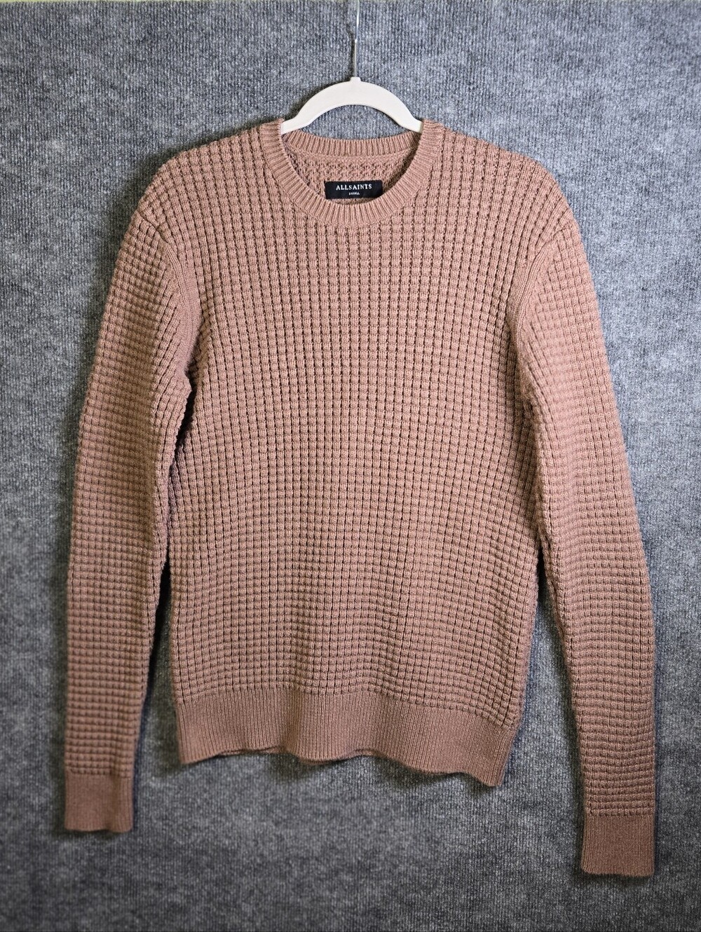All Saints Sweater Mens S Brown Waffle Knit Cotton Kargg Crew Neck